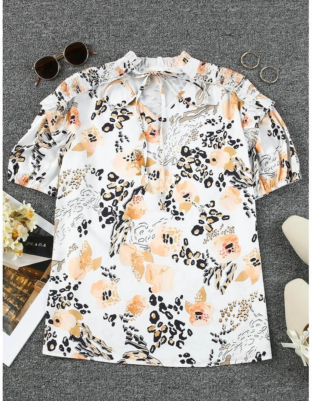 Gold Leopard Floral Print Split Neck Puff Sleeve Blouse, 16 of 15