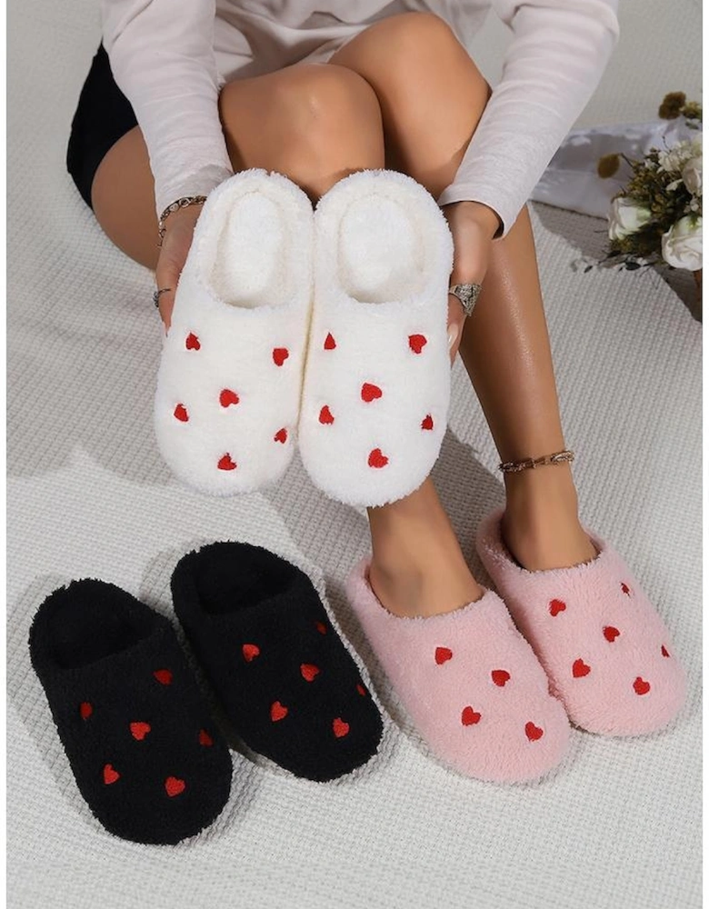 White Heart Shape Embroidered Slip On Plush Slippers