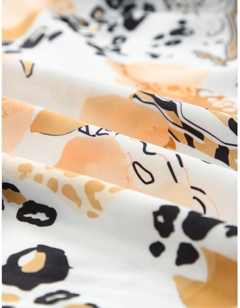 Gold Leopard Floral Print Split Neck Puff Sleeve Blouse