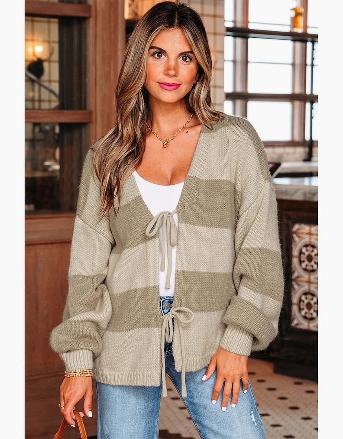 Khaki Striped Color Block Brushed Knit Bow Tie Front Sweater Cardigan