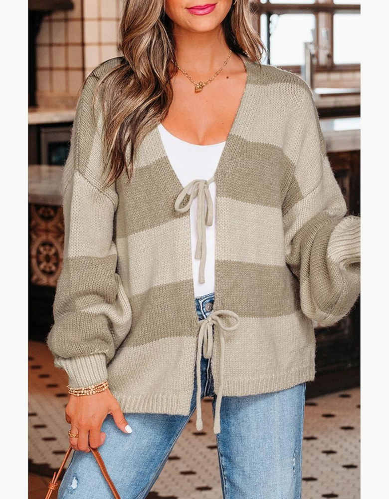 Khaki Striped Color Block Brushed Knit Bow Tie Front Sweater Cardigan