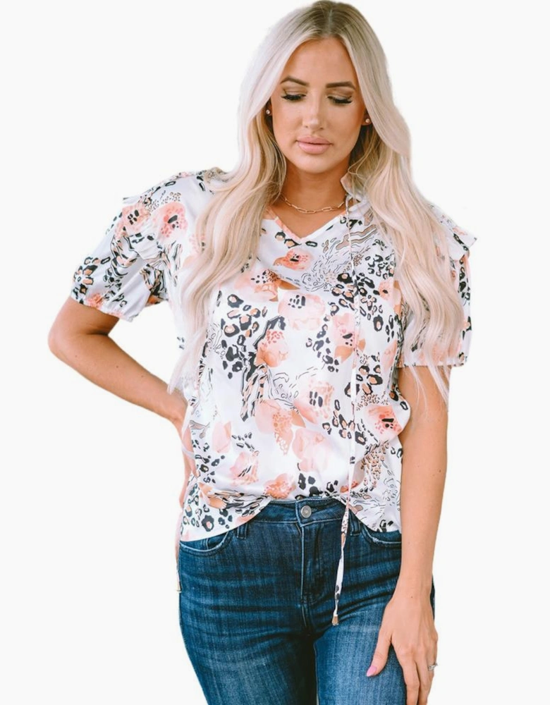 Gold Leopard Floral Print Split Neck Puff Sleeve Blouse