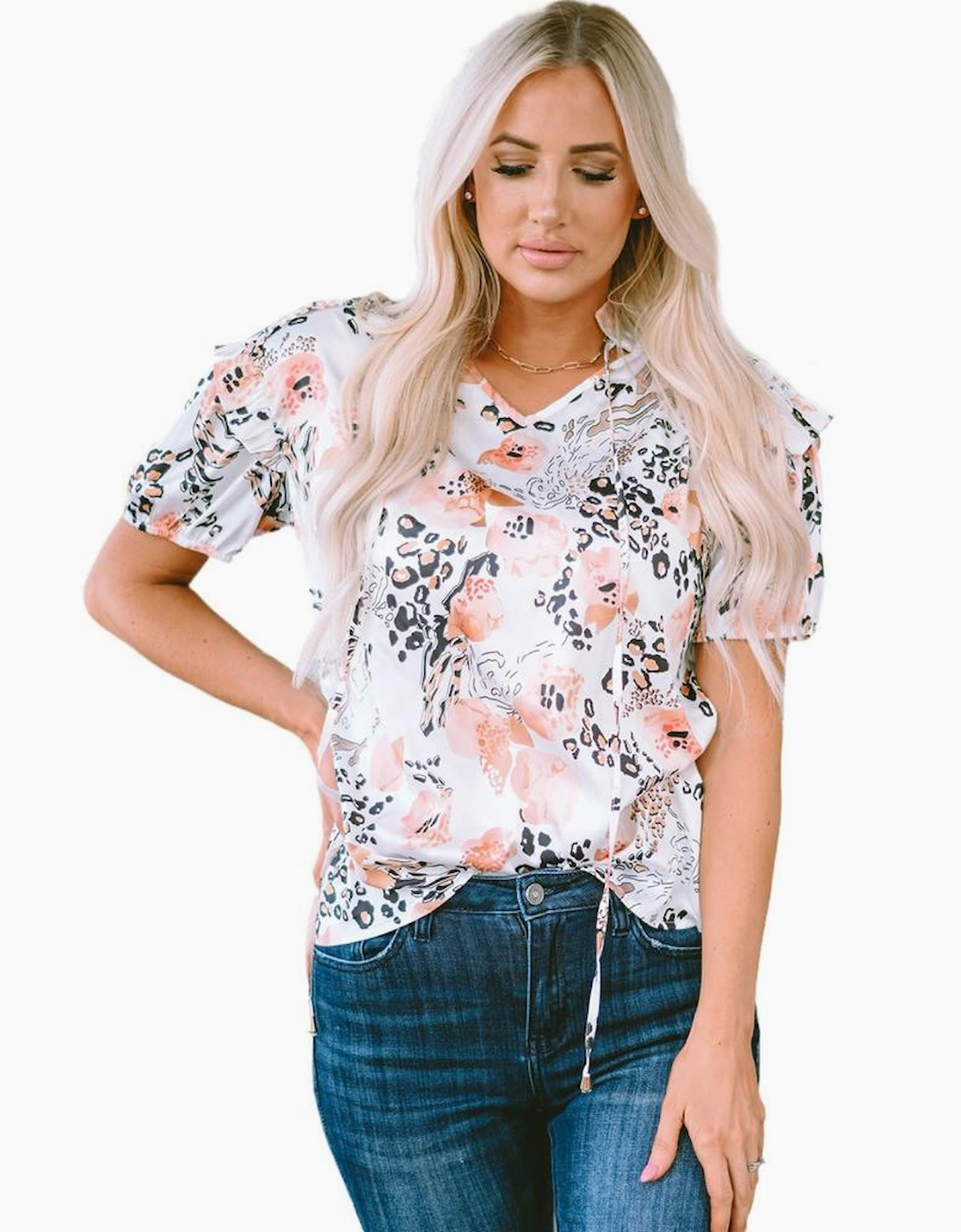 Gold Leopard Floral Print Split Neck Puff Sleeve Blouse