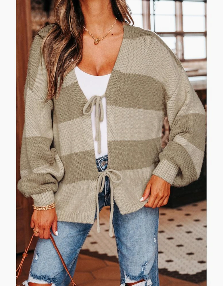 Khaki Striped Color Block Brushed Knit Bow Tie Front Sweater Cardigan