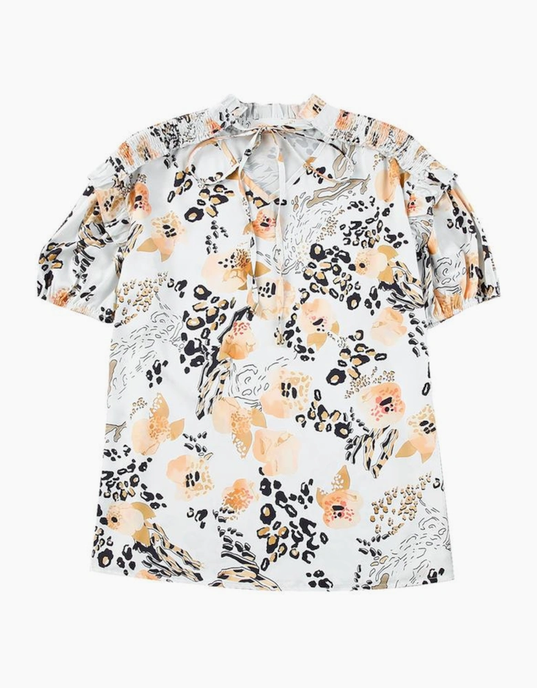 Gold Leopard Floral Print Split Neck Puff Sleeve Blouse