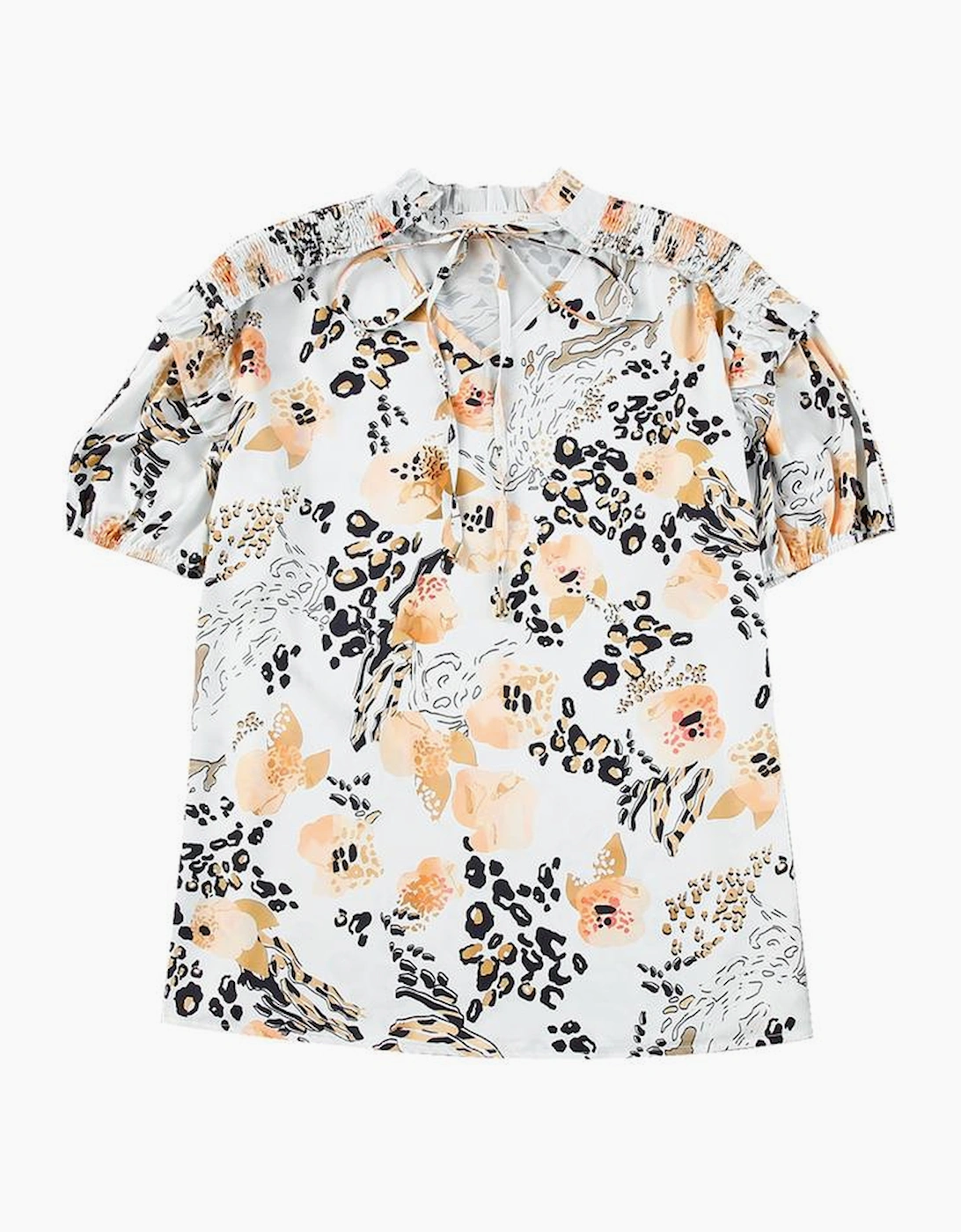 Gold Leopard Floral Print Split Neck Puff Sleeve Blouse