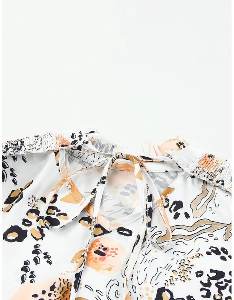 Gold Leopard Floral Print Split Neck Puff Sleeve Blouse