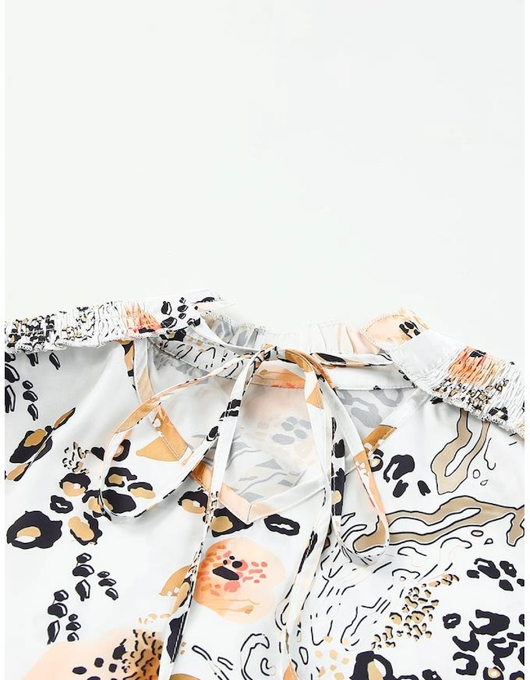 Gold Leopard Floral Print Split Neck Puff Sleeve Blouse