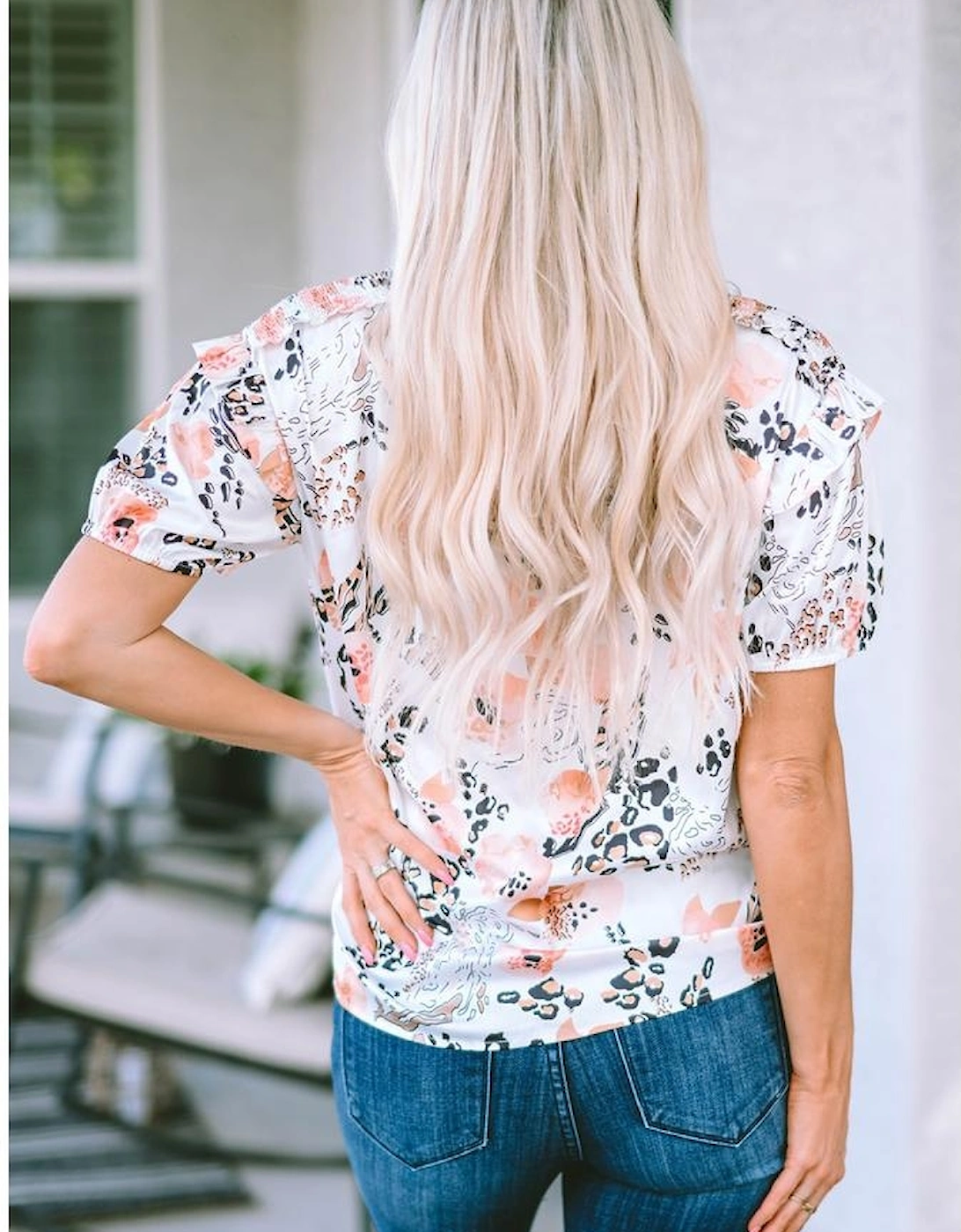 Gold Leopard Floral Print Split Neck Puff Sleeve Blouse