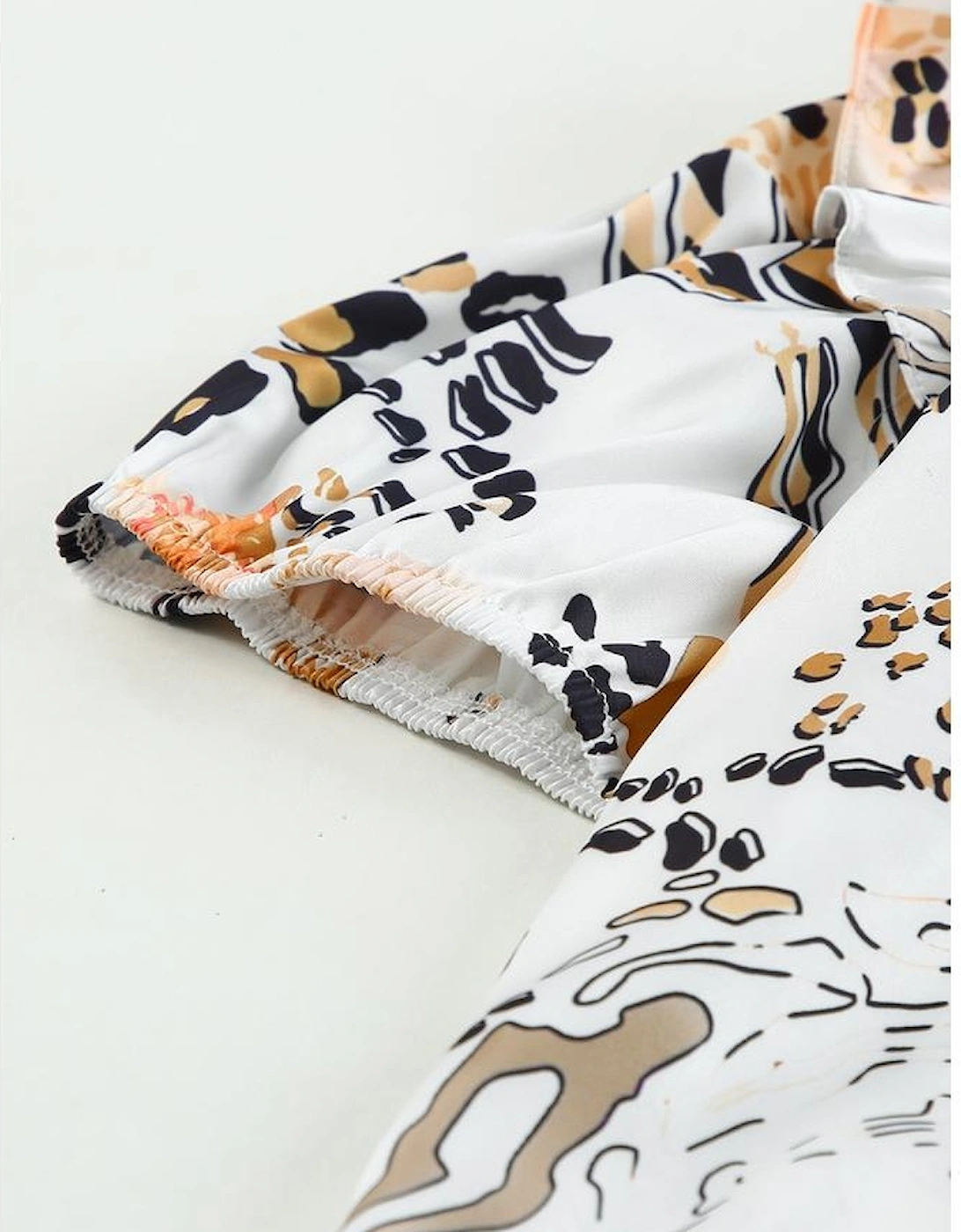 Gold Leopard Floral Print Split Neck Puff Sleeve Blouse