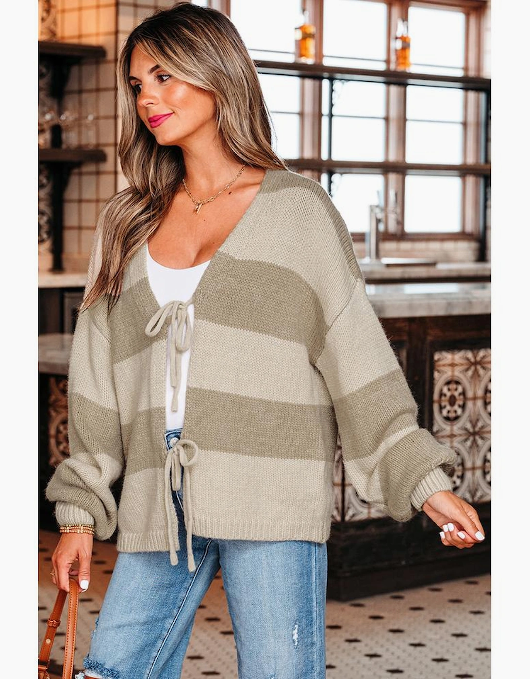 Khaki Striped Color Block Brushed Knit Bow Tie Front Sweater Cardigan