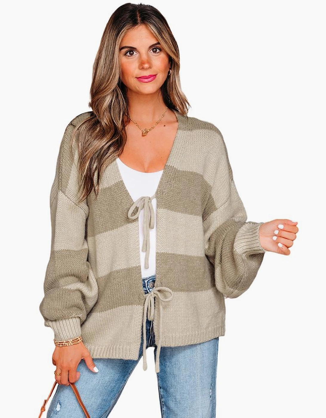 Khaki Striped Color Block Brushed Knit Bow Tie Front Sweater Cardigan