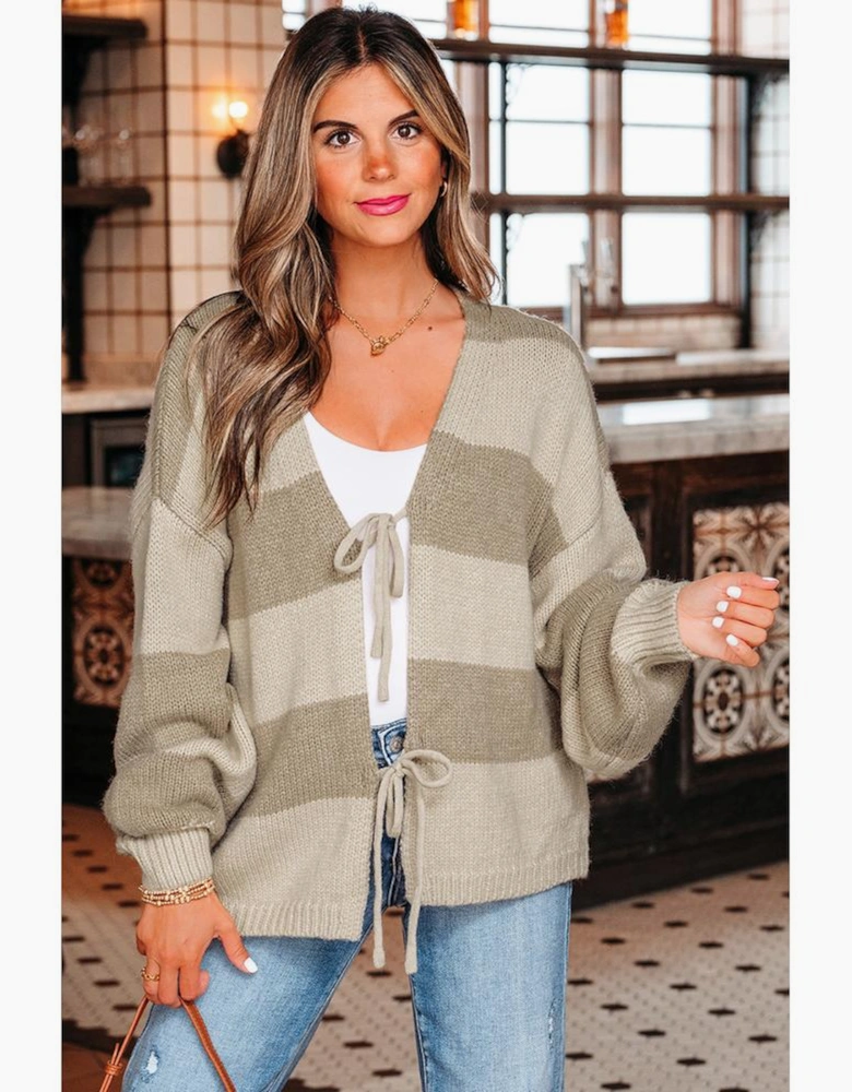 Khaki Striped Color Block Brushed Knit Bow Tie Front Sweater Cardigan