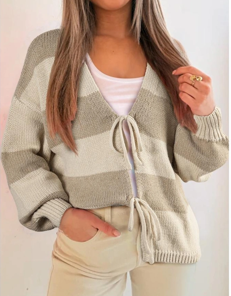 Khaki Striped Color Block Brushed Knit Bow Tie Front Sweater Cardigan