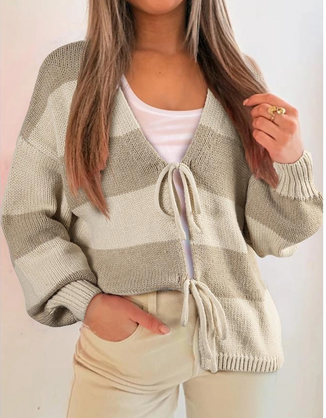 Khaki Striped Color Block Brushed Knit Bow Tie Front Sweater Cardigan