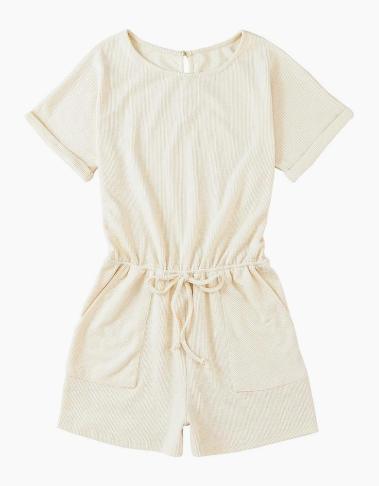 Beige Ribbed Elastic Waist Romper
