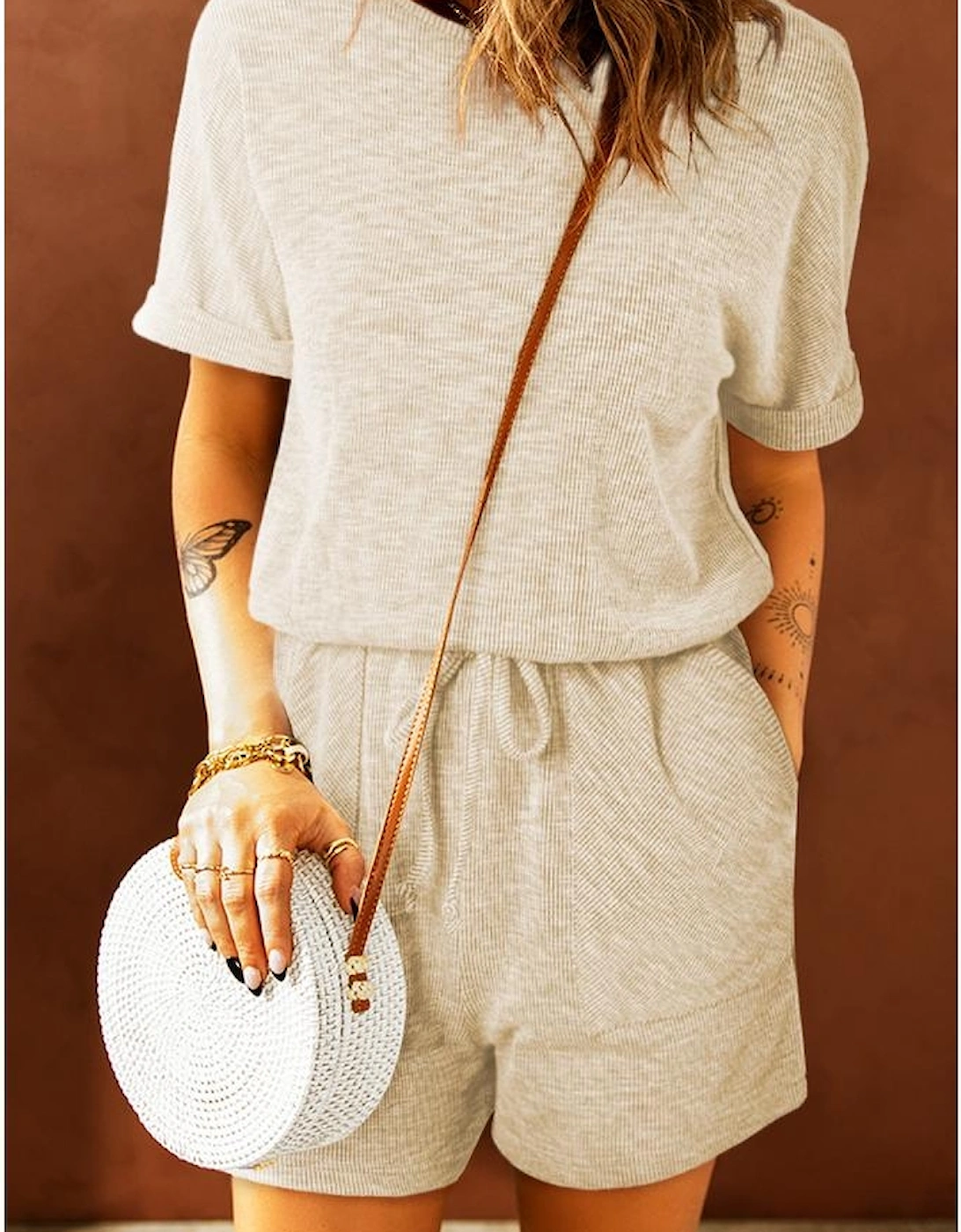 Beige Ribbed Elastic Waist Romper