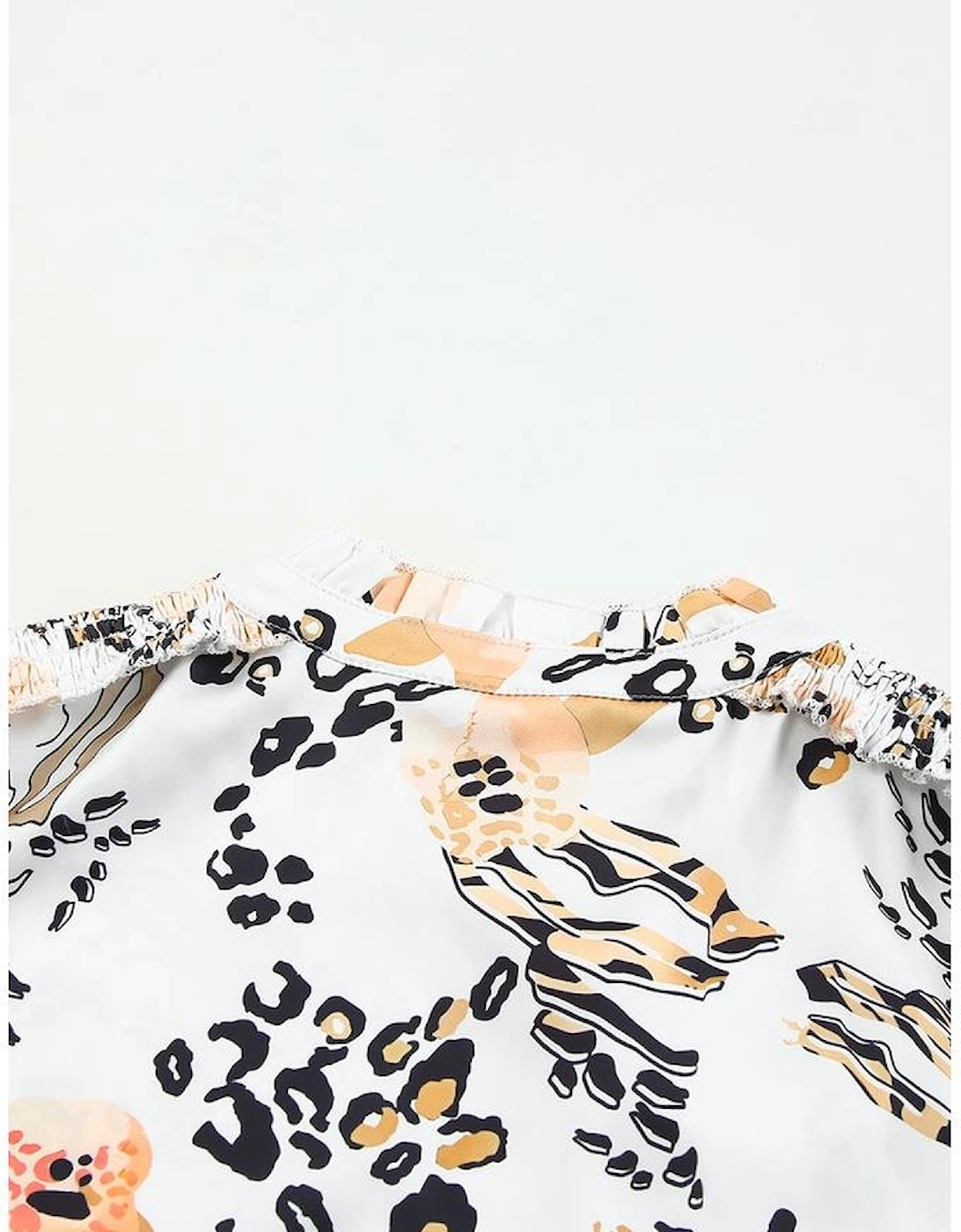 Gold Leopard Floral Print Split Neck Puff Sleeve Blouse