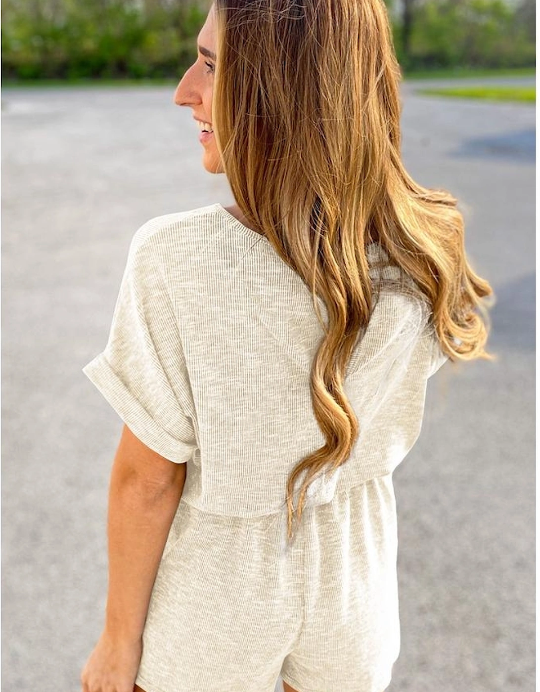 Beige Ribbed Elastic Waist Romper