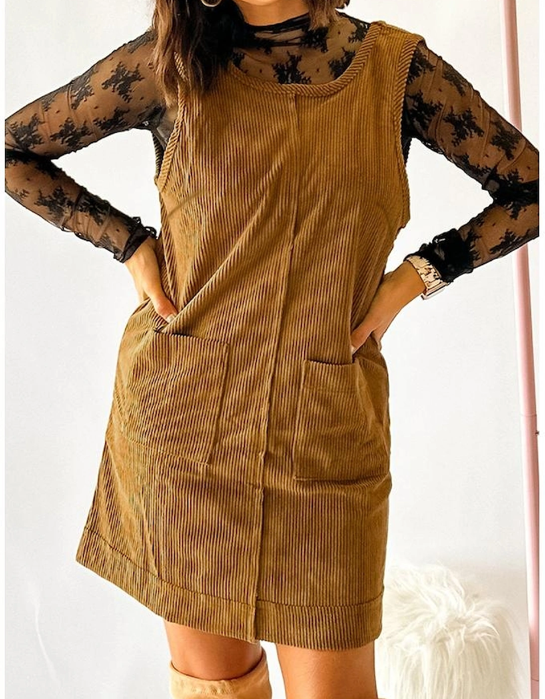 Beige Corduroy Sleeveless Mini Dress With Patched Pockets