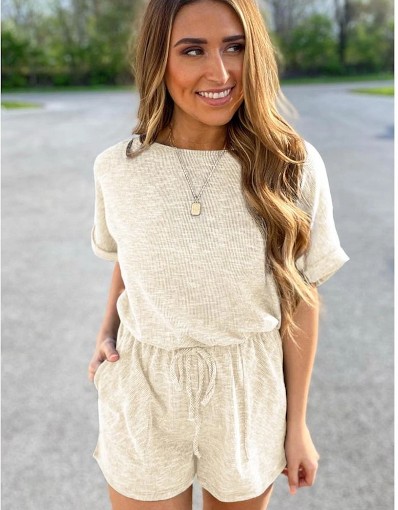 Beige Ribbed Elastic Waist Romper