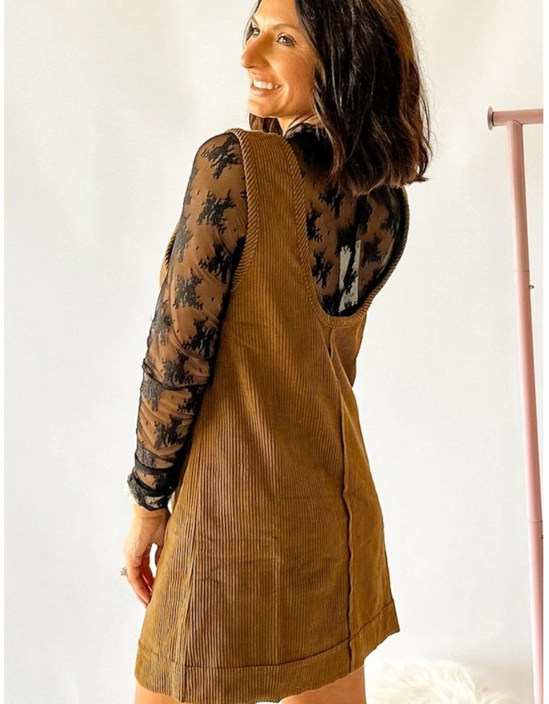 Beige Corduroy Sleeveless Mini Dress With Patched Pockets