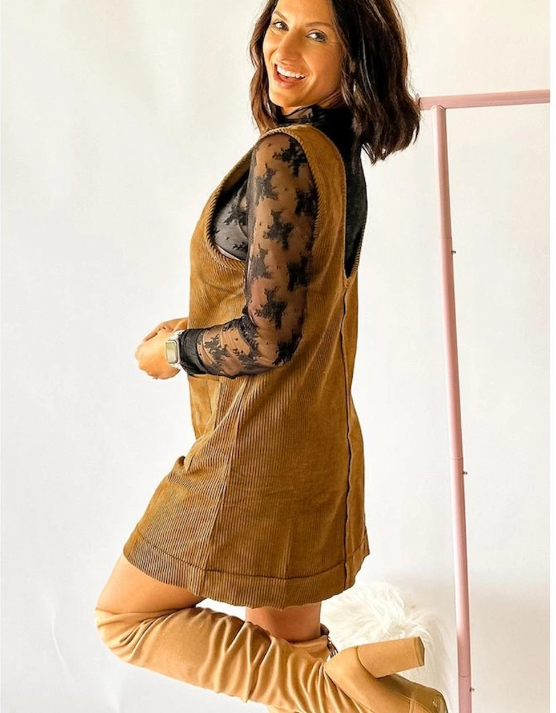 Beige Corduroy Sleeveless Mini Dress With Patched Pockets