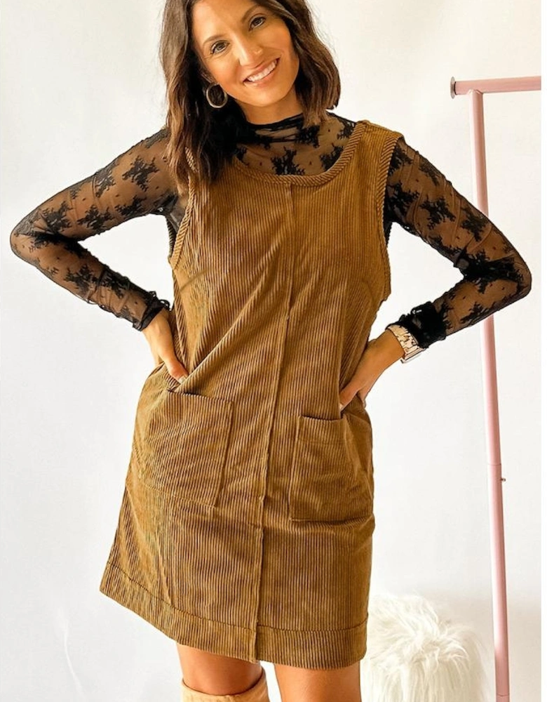 Beige Corduroy Sleeveless Mini Dress With Patched Pockets