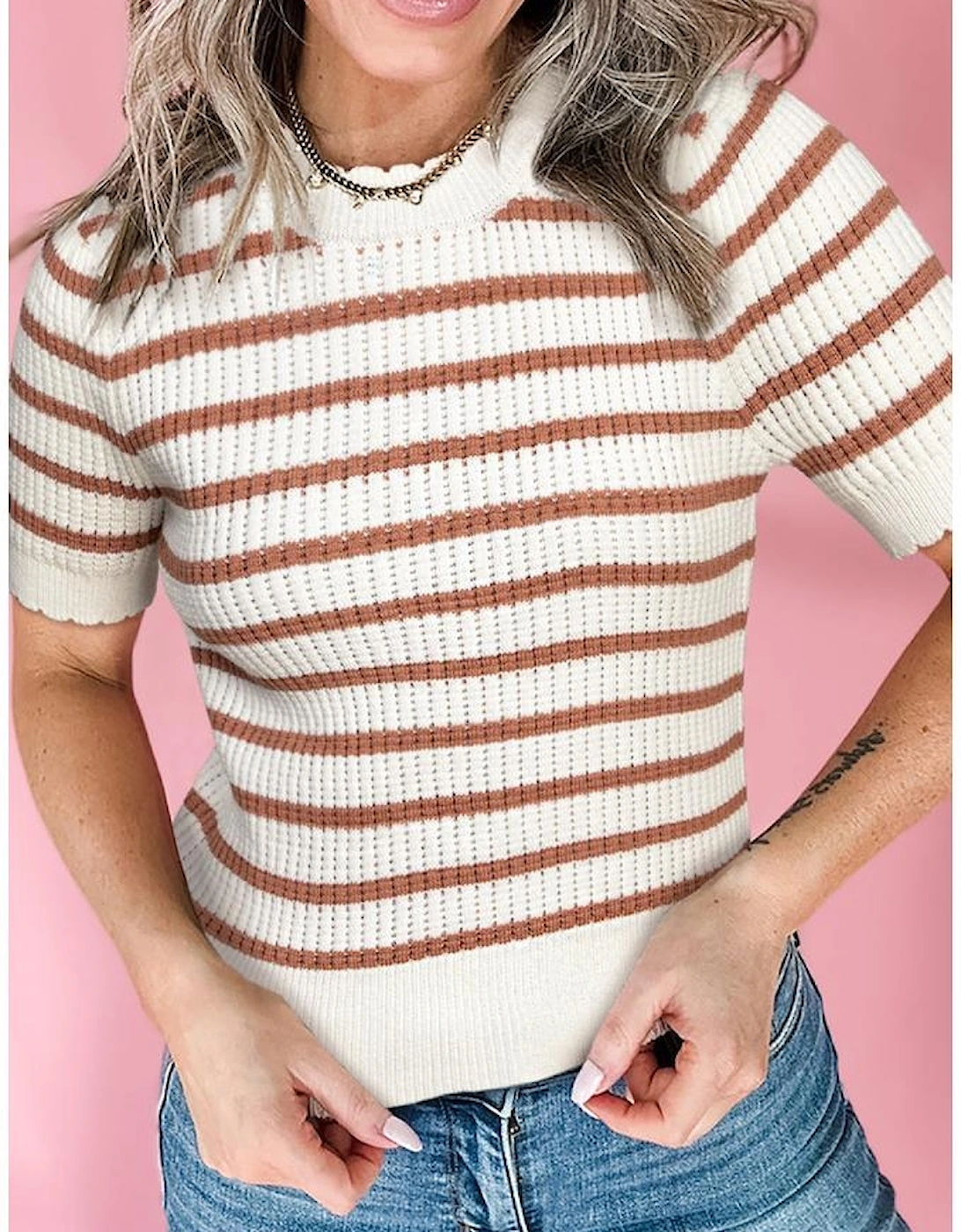 Khaki Stripe Scalloped Round Neck Short Sleeve Sweater
