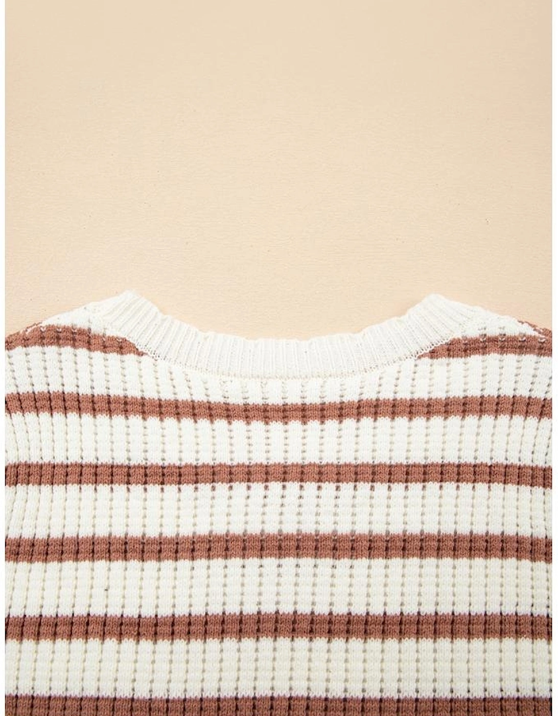 Khaki Stripe Scalloped Round Neck Short Sleeve Sweater