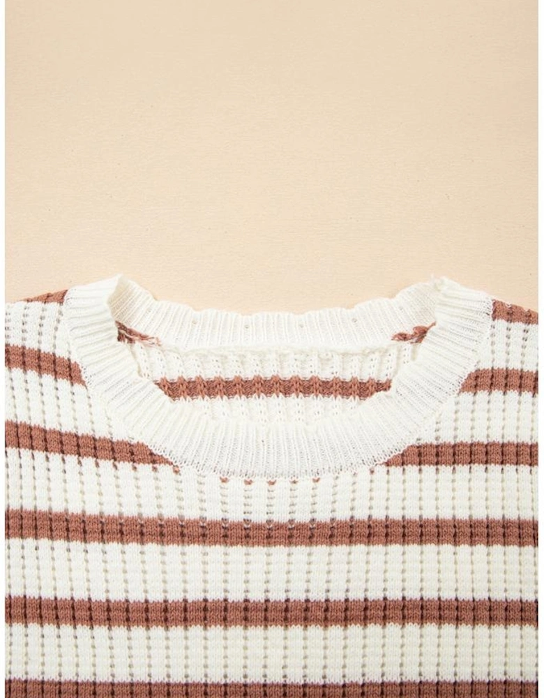 Khaki Stripe Scalloped Round Neck Short Sleeve Sweater