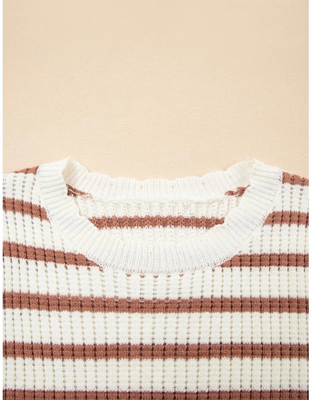 Khaki Stripe Scalloped Round Neck Short Sleeve Sweater