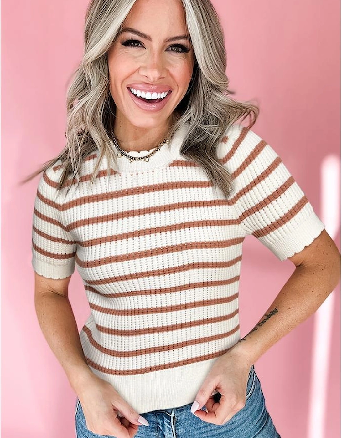 Khaki Stripe Scalloped Round Neck Short Sleeve Sweater