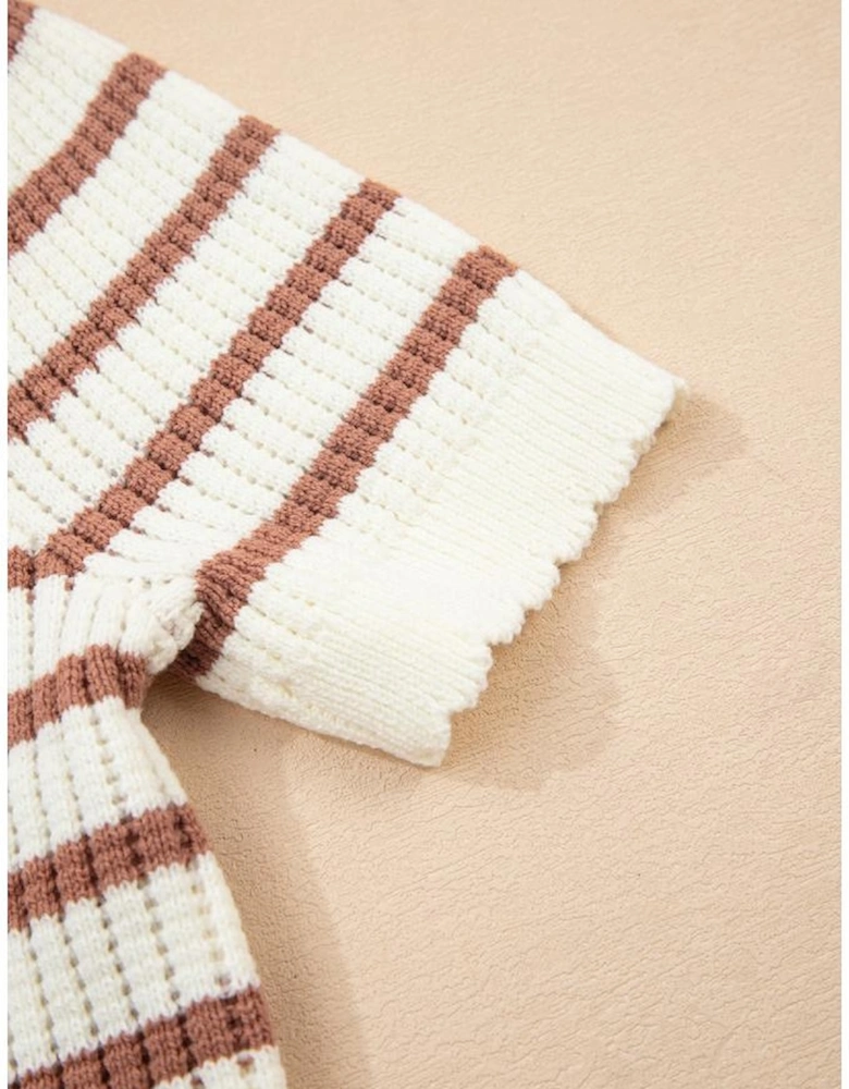 Khaki Stripe Scalloped Round Neck Short Sleeve Sweater