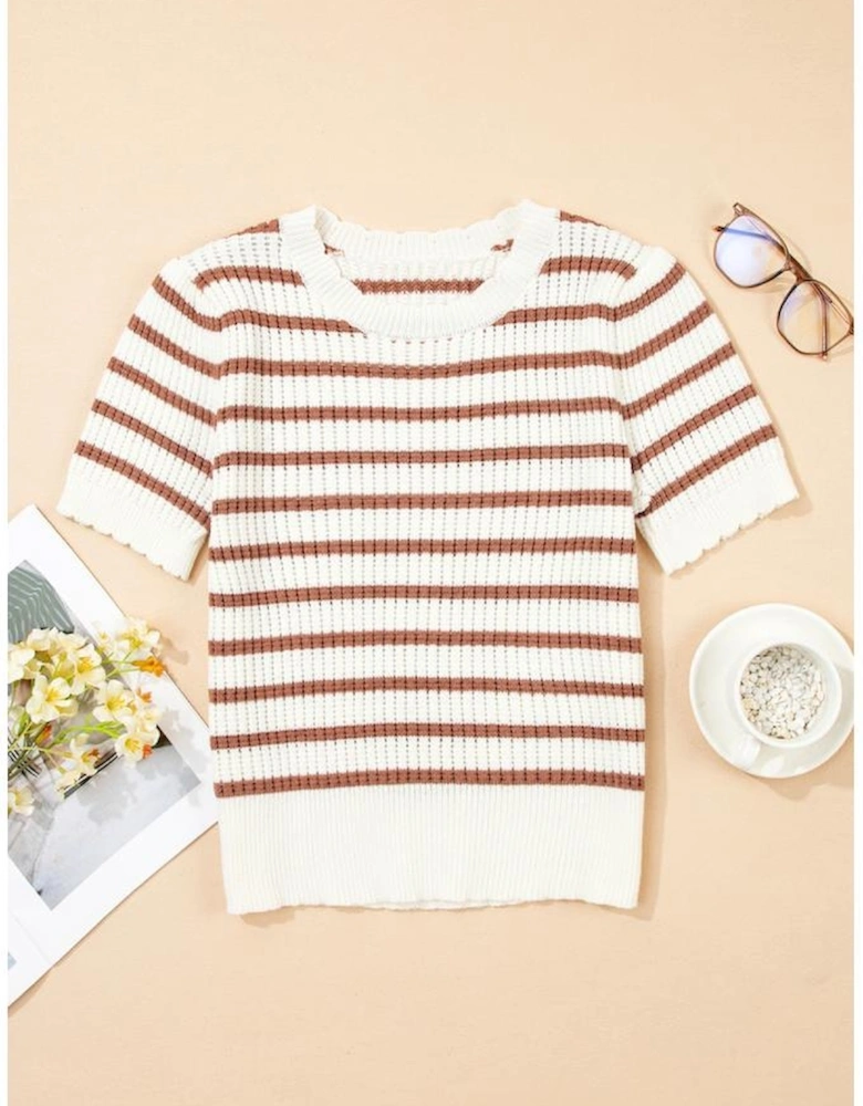 Khaki Stripe Scalloped Round Neck Short Sleeve Sweater