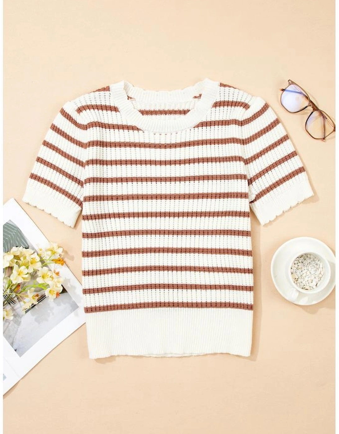 Khaki Stripe Scalloped Round Neck Short Sleeve Sweater