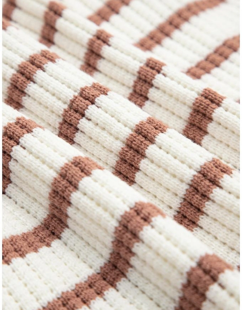 Khaki Stripe Scalloped Round Neck Short Sleeve Sweater