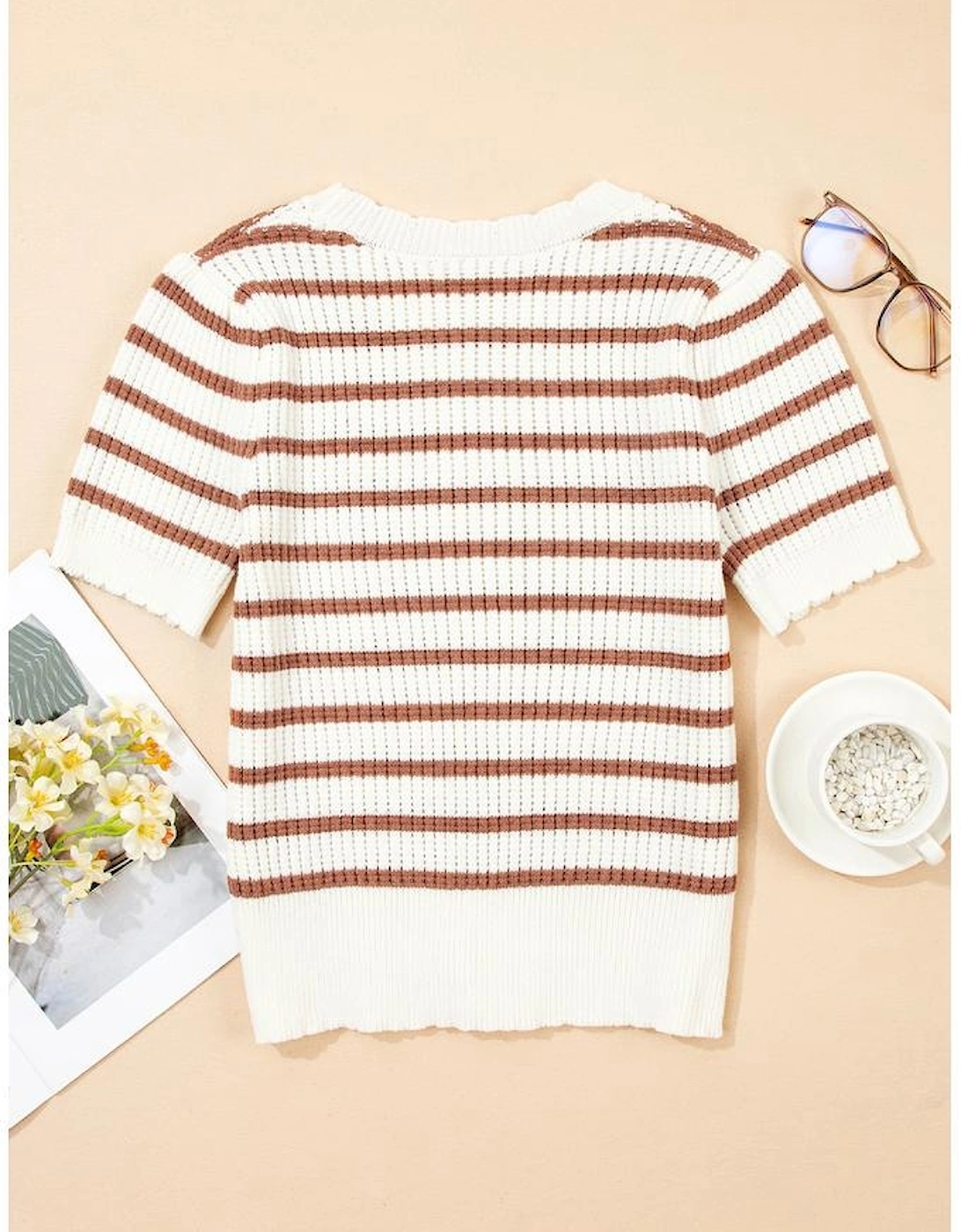 Khaki Stripe Scalloped Round Neck Short Sleeve Sweater