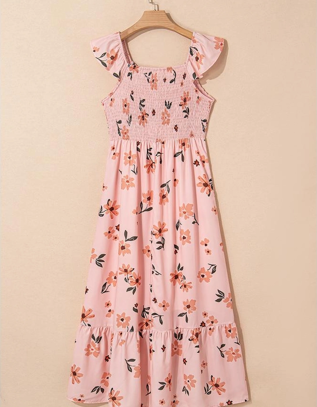 Pink Floral V Neck Smocked High Waist Ruffle Hem Long Dress