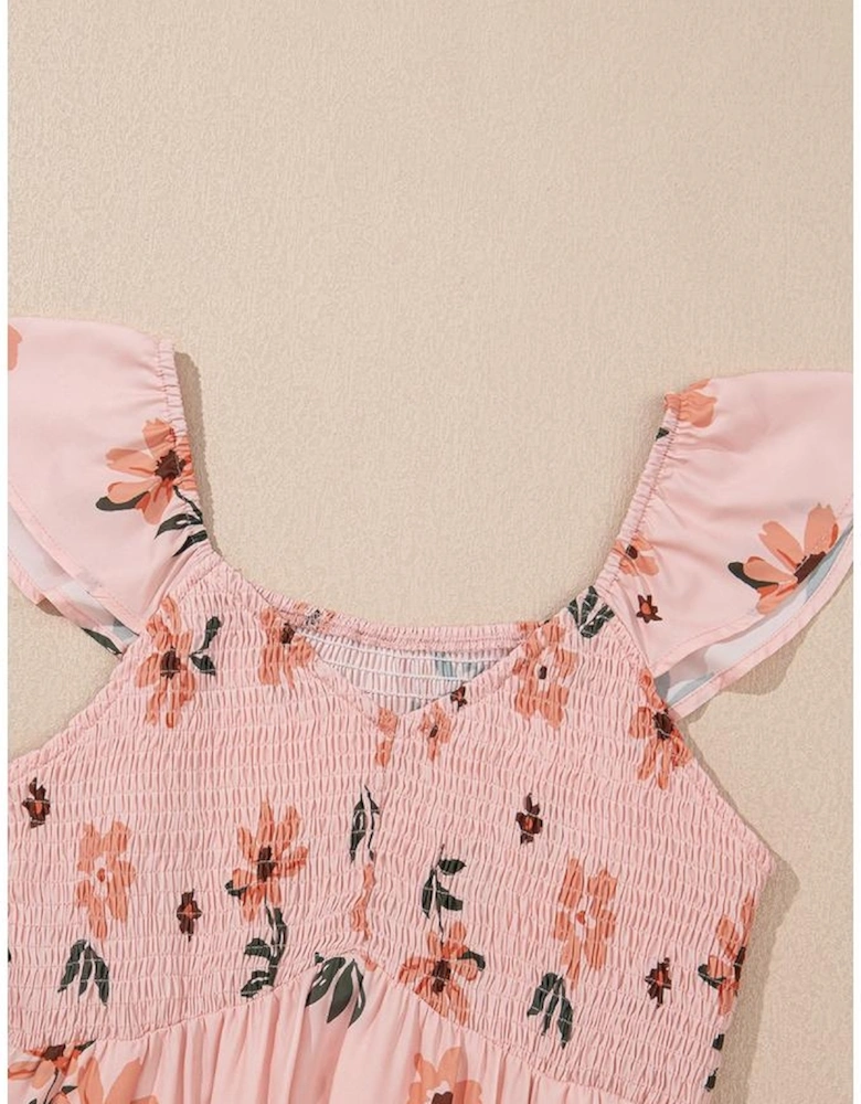 Pink Floral V Neck Smocked High Waist Ruffle Hem Long Dress