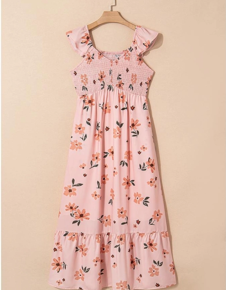 Pink Floral V Neck Smocked High Waist Ruffle Hem Long Dress