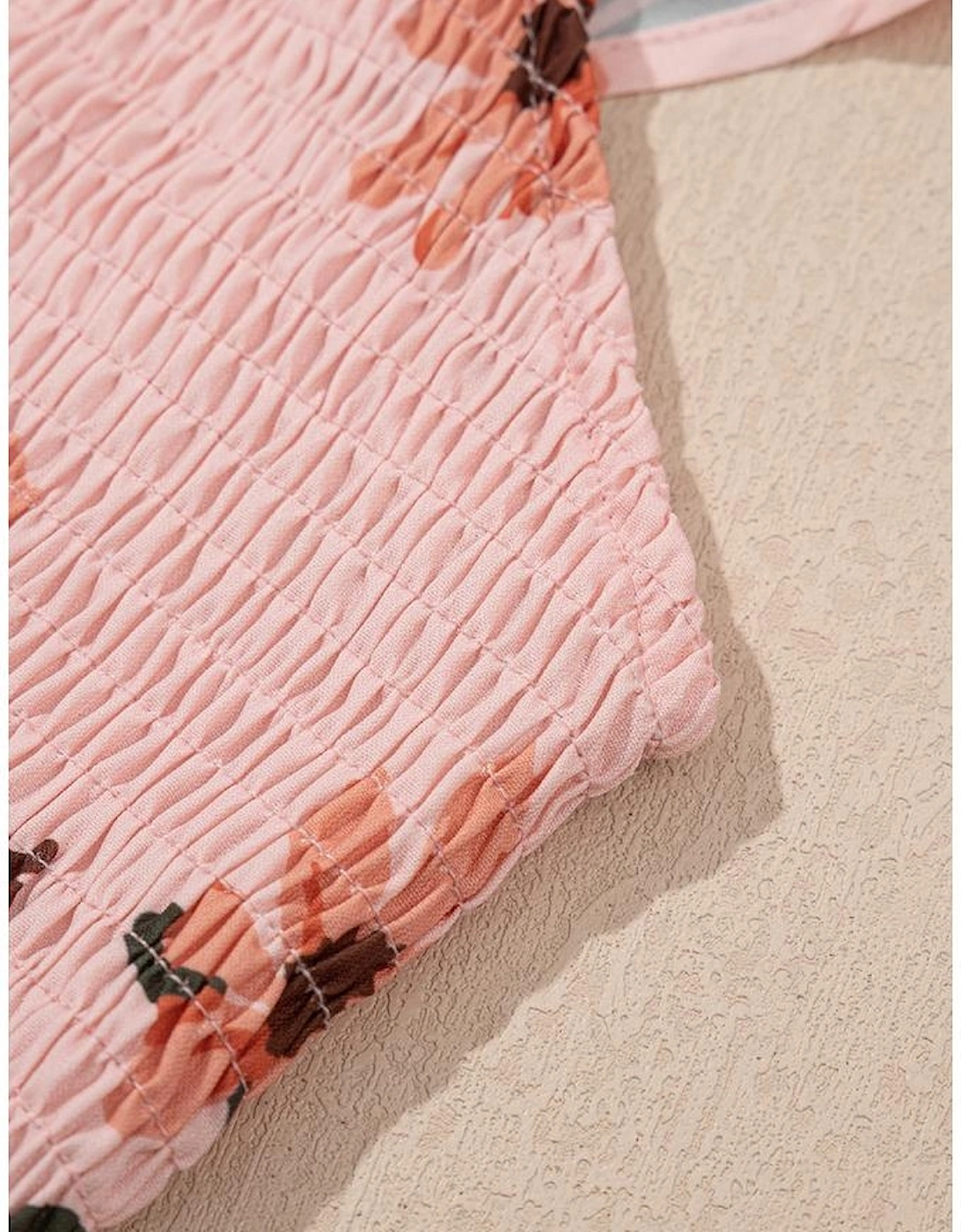 Pink Floral V Neck Smocked High Waist Ruffle Hem Long Dress