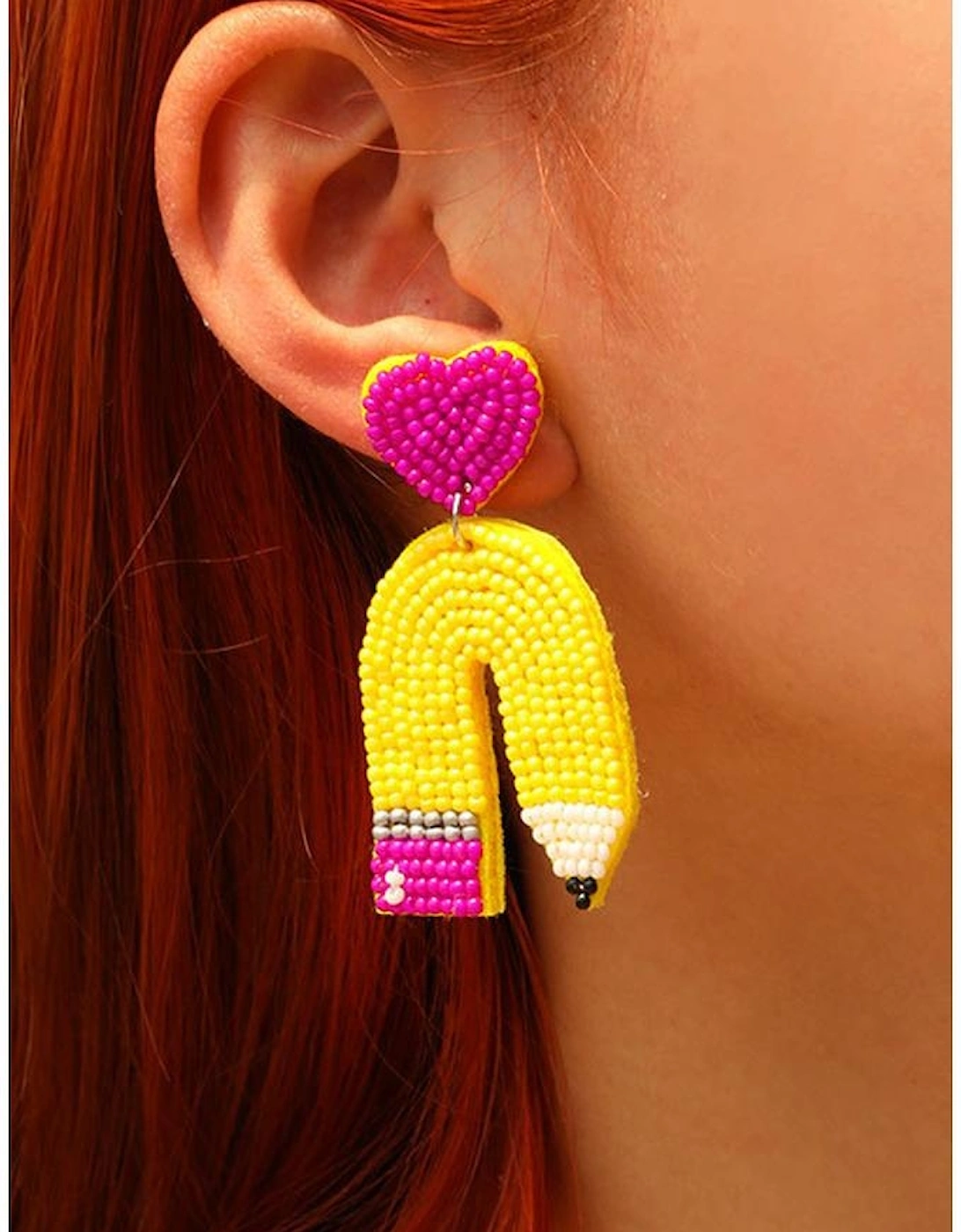 Yellow Heart Shape Pencil Rice Bead Drop Earrings