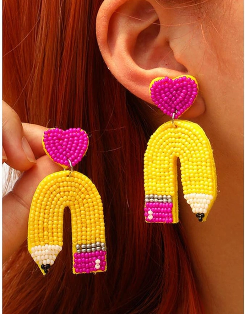 Yellow Heart Shape Pencil Rice Bead Drop Earrings