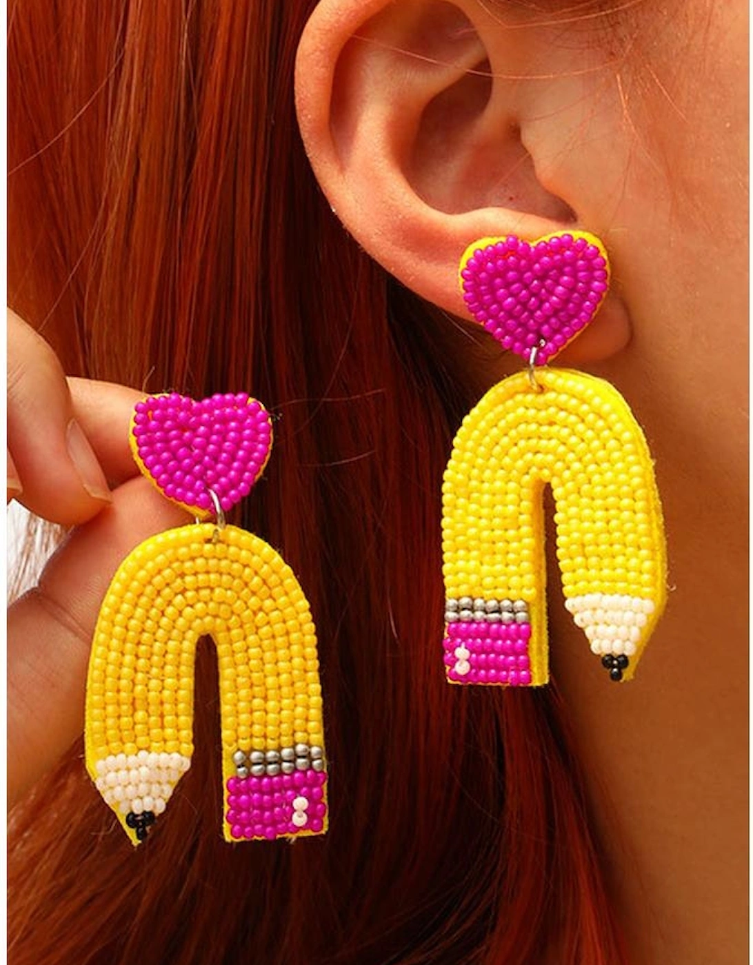 Yellow Heart Shape Pencil Rice Bead Drop Earrings