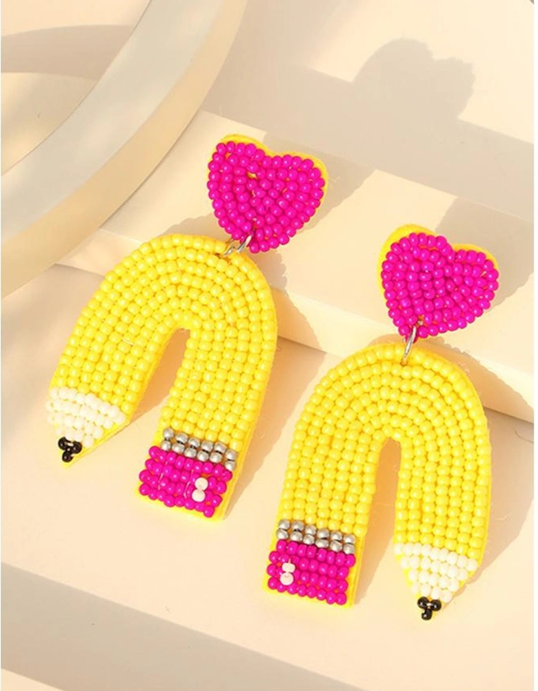 Yellow Heart Shape Pencil Rice Bead Drop Earrings