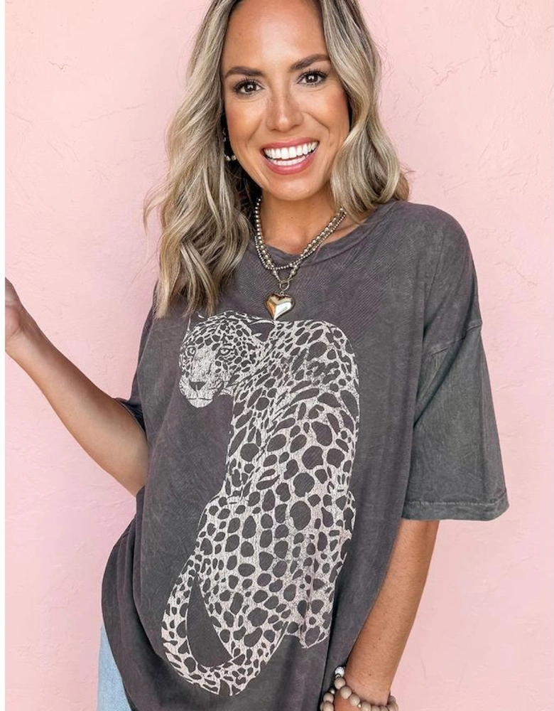 Medium Grey Vintage Cheetah Printed Mineral Wash Graphic Tee
