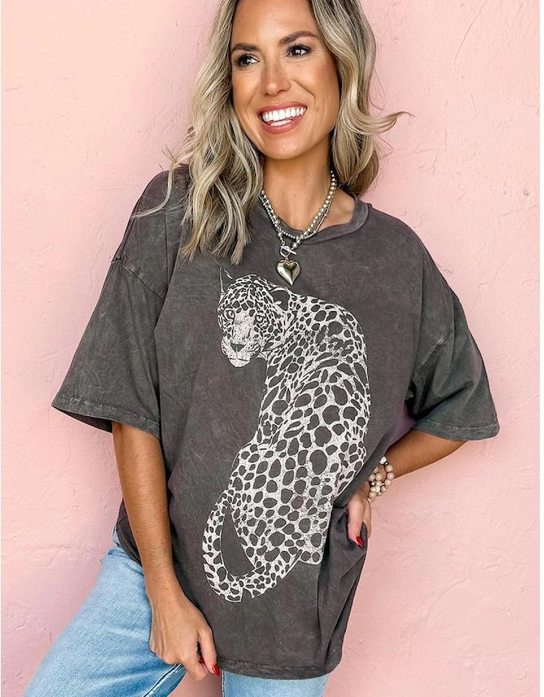 Medium Grey Vintage Cheetah Printed Mineral Wash Graphic Tee