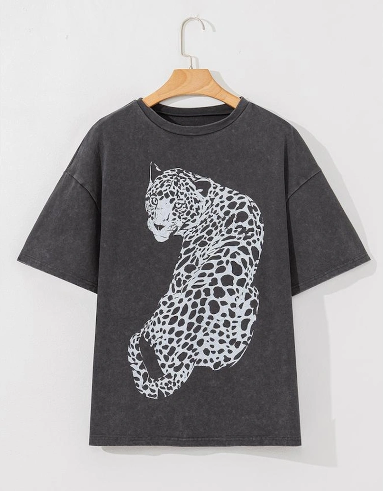 Medium Grey Vintage Cheetah Printed Mineral Wash Graphic Tee