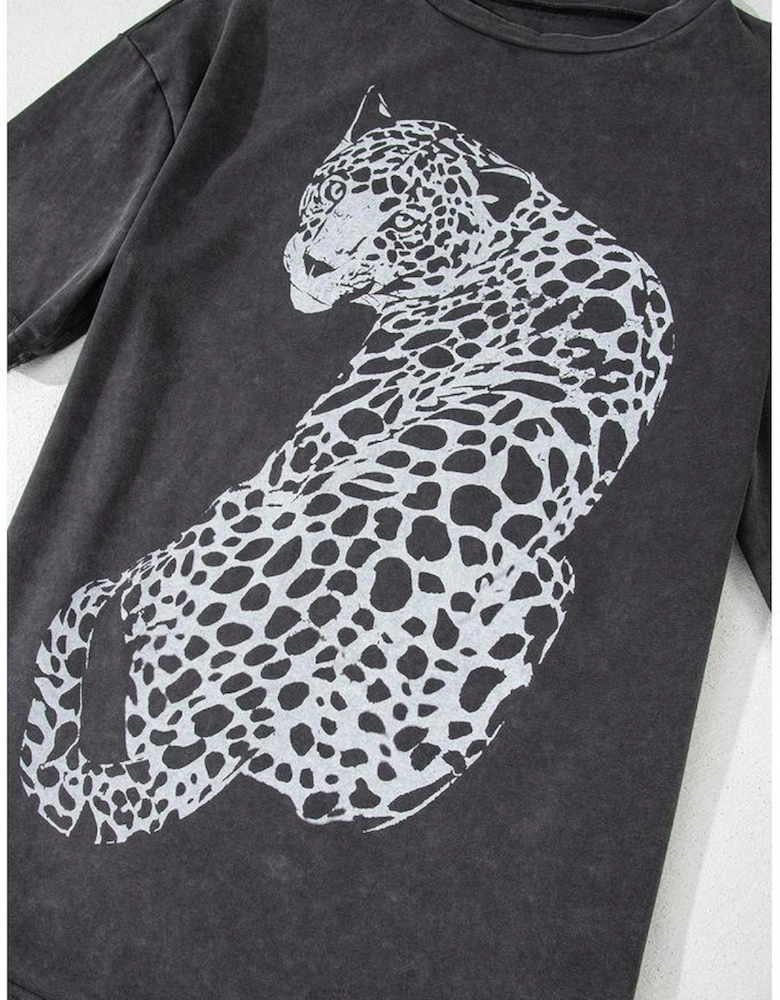 Medium Grey Vintage Cheetah Printed Mineral Wash Graphic Tee